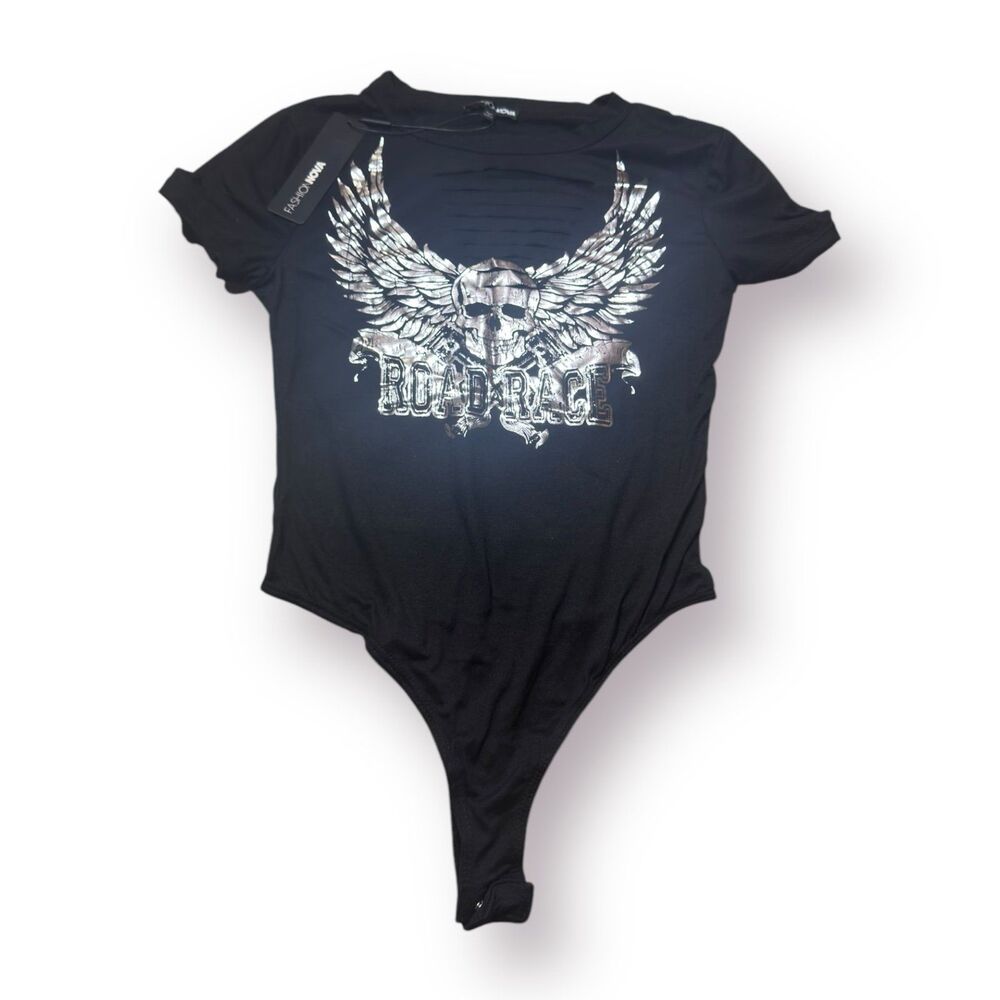 Fashion Nova Road Rage‎ Metallic Screen Bodysuit Black/Silver Size Medium